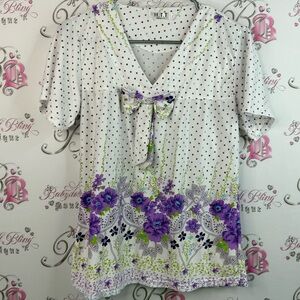 H.t.t T-shirt ribbon bow Floral Polka Dot Women's Top - Purple and White